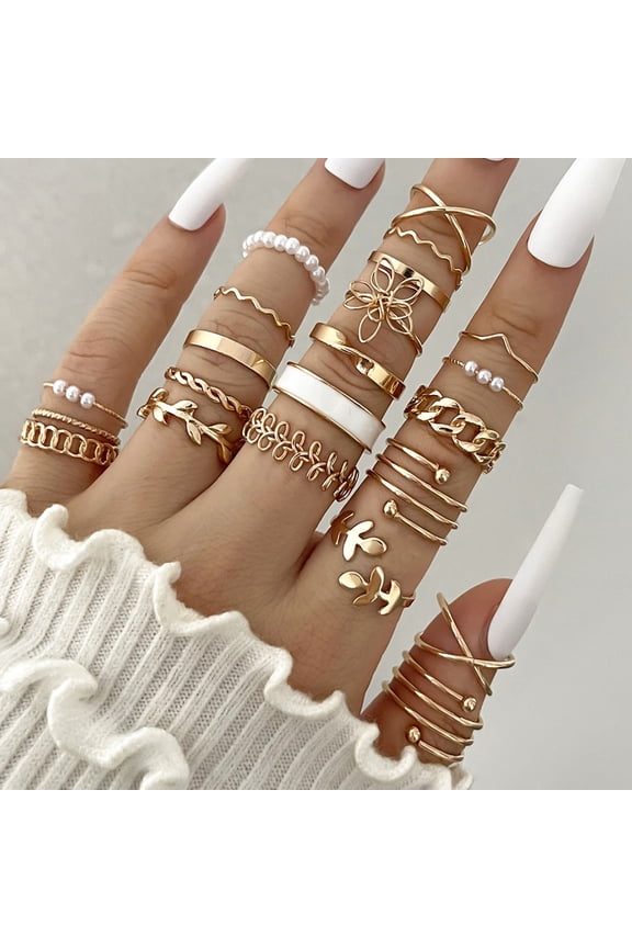 22-Piece Vintage Rhinestone Pearl Ring Set for Women - Elegant Eye Design Jewelry - Unique Layered Alloy Rings - Gift Ready, Gold