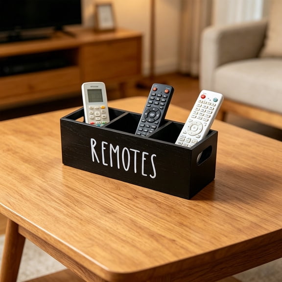 HOZVOMI 3 Compartment Remote Control Holder, Farmhouse Remote Storage Caddy, Bedside TV Controller Box, Rustic Wood Media Organizer Tray for Home Bedroom Table