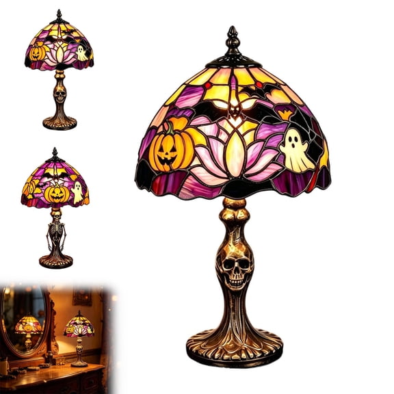 HOZVOMI 8in Halloween Spooky Stained Glass Table Lamp, Gothic Skull Resin Base Ghost Pumpkin Bat Glow Night Light, Vintage Retro Decor Lamp for Bedroom Dorm Living Room Mantel