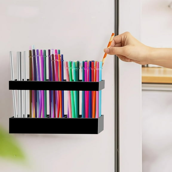 HOZVOMI Acrylic Storage Holder for Cabinet Door, Reusable Straw Organizer with Adjustable Sections and Strong Adhesive Mount