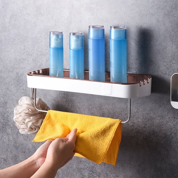 HOZVOMI Adhesive Shower Caddy No Drill Rack Floating Shelf With Hooks Suction Bathroom Organizer