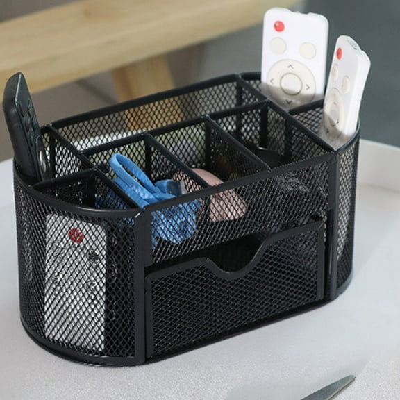 HOZVOMI Black Mesh Desk Organizer with 9 Compartments, Multifunctional Office Desktop Organizer with Drawer, Metal Pen Holder Stationery Caddy for Desk Organization