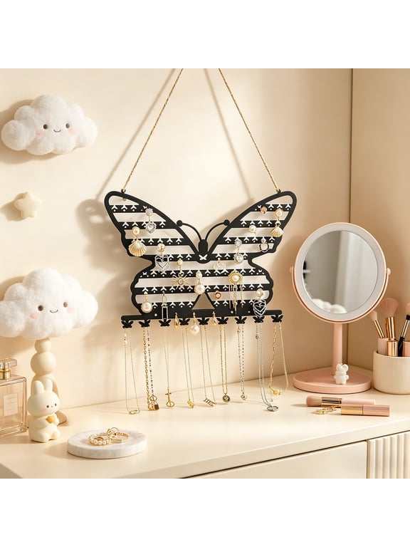 Butterfly Shaped Wall Mounted Jewelry Organizer, Decorative Metal Earring and Necklace Holder for Bedroom, Vanity, or Closet, Stylish Organizer with Easy Hanging for Fashion Lovers