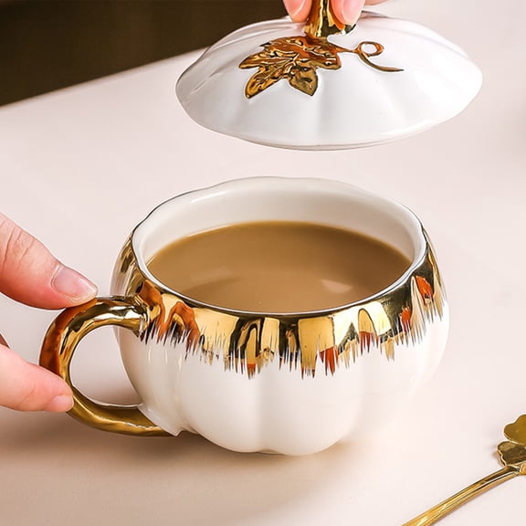HOZVOMI Ceramic Mug with Lid, Halloween Pumpkin Shape Coffee Cup for Tea, Hot Drinks