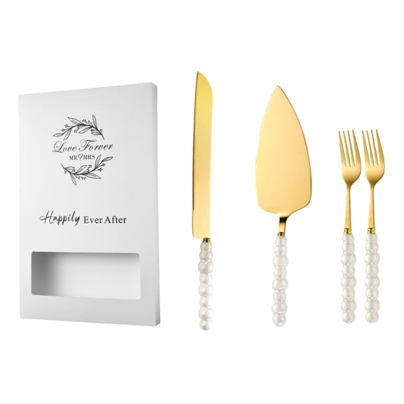 HOZVOMI Ceramic Pearl Handle Stainless Steel Cake Knife Spatula Set, Includes 2 Forks for Cake Bread Pizza Dessert Baking Tools