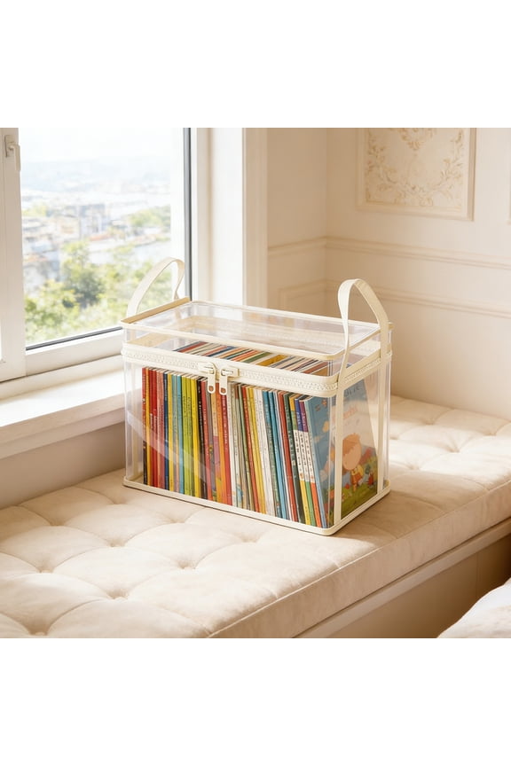 5Gal Waterproof Plastic Comic Book Bin with Carrying Handles, Clear Plastic Book Storage Box Transparent Organizer for Home Office Classroom Shelf