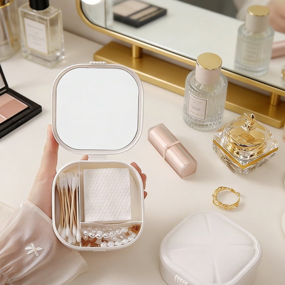 HOZVOMI Compact Multi-Functional Cosmetic Storage Organizer with Integrated Mirror for Jewelry and Makeup