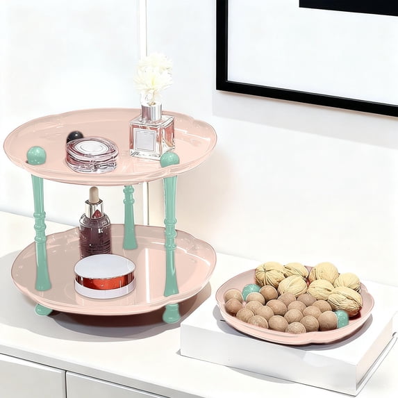 HOZVOMI Double Round Tiered Storage Rack, Open Shelf Organizer for Snacks Candy Fruit Display, Minimalist Home Decor for Living Room Countertop