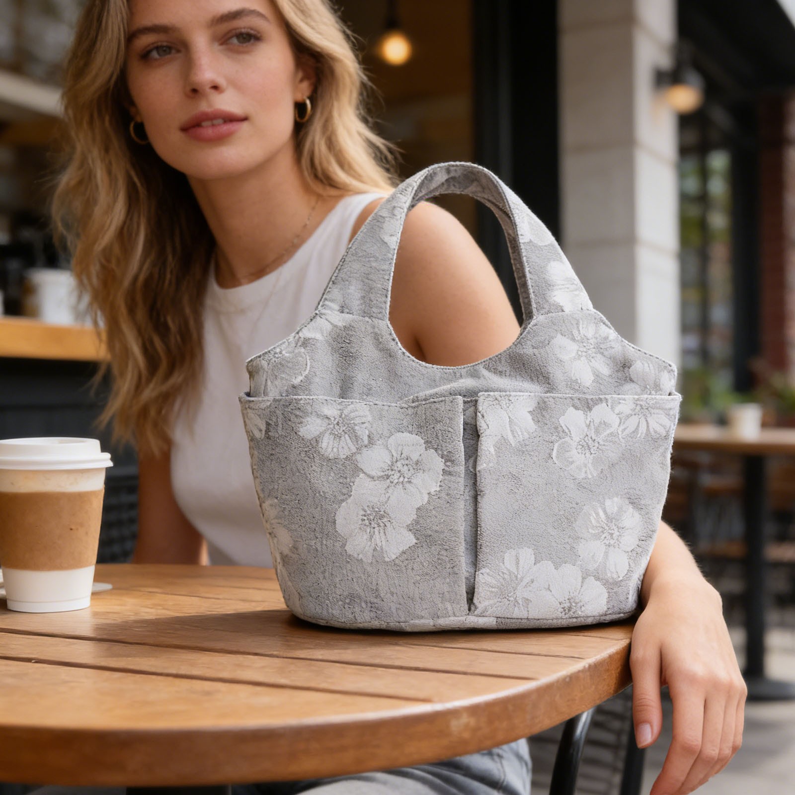 Bolso elegante bordado para mujer, con múltiples bolsillos y asa superior, gran capacidad, bolso de lona para viaje, bolso para mamá, canasto para verduras, flexible para uso diario