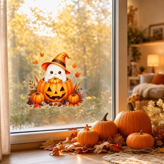 HOZVOMI Fall Halloween Thanksgiving Window Clings Cute Ghost Pumpkin Decorative Decals Removable for Home and Party Decor