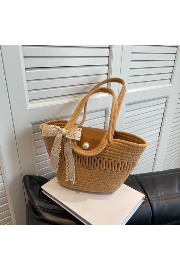 French Straw Bag Handmade Woven Vintage Handbag Silk Scarf Decor Beach Bag Three Dimensional Commuting Storage Bag for Going Out