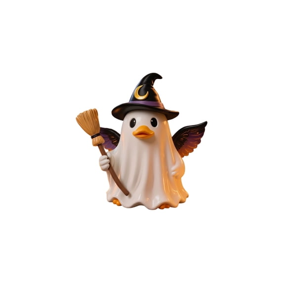 HOZVOMI Ghost Duck Halloween Figurine Resin Witch Ghost Statue, Cute Standing Ghost Duck with Witch Hat Broom Wings Halloween Indoor Decor