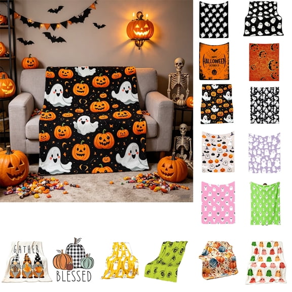 HOZVOMI Halloween Pumpkin Throw Blanket 30"x 40" - Soft Flannel Orange Damask Pattern with Carved Jack-o'-Lanterns, Cozy Plush for Couch Sofa Bed Fall Winter Decor