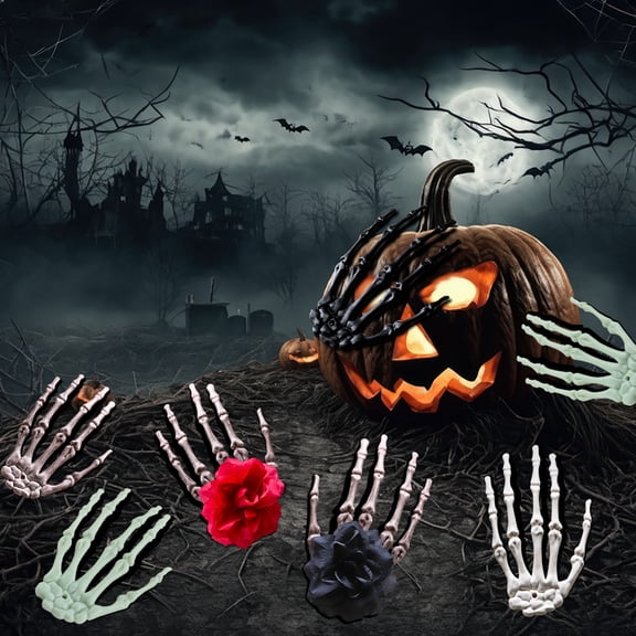 HOZVOMI Halloween Skeleton Hands – 6.3" Plastic Claw Prop with Flower Pendant, Spooky Hanging Horror Decoration for Door, Window, Haunted House