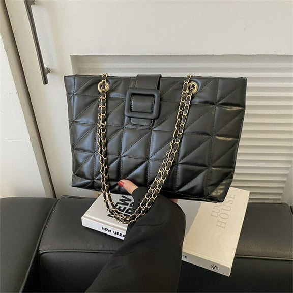 HOZVOMI High-End Leather Diamond Quilted Shoulder Bag with Adjustable Chain Strap - Multifunctional Large Capacity Tote for Commuters & Daily Use - Elegant & Versatile Design, Black