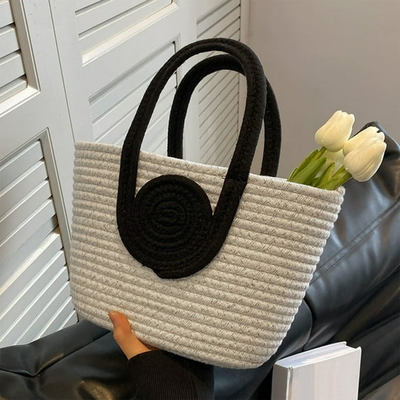 HOZVOMI Large Capacity Cotton Rope Woven Handbag - Daily Versatile Shoulder Tote, Splicing Color Casual Beach Bag.