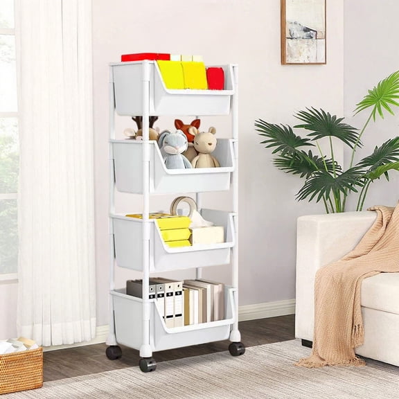 HOZVOMI Mobile Floor Standing Desk Storage Cart, Multi Tiered Open Basket Organizer with Wheels and Hooks, Removable Plastic Shelf Unit for Home Office Kitchen Bathroom