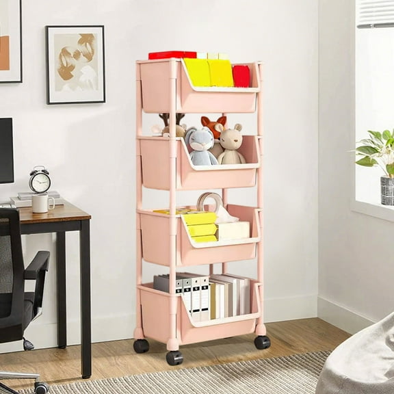 HOZVOMI Mobile Floor Standing Desk Storage Cart, Multi Tiered Open Basket Organizer with Wheels and Hooks, Removable Plastic Shelf Unit for Home Office Kitchen Bathroom