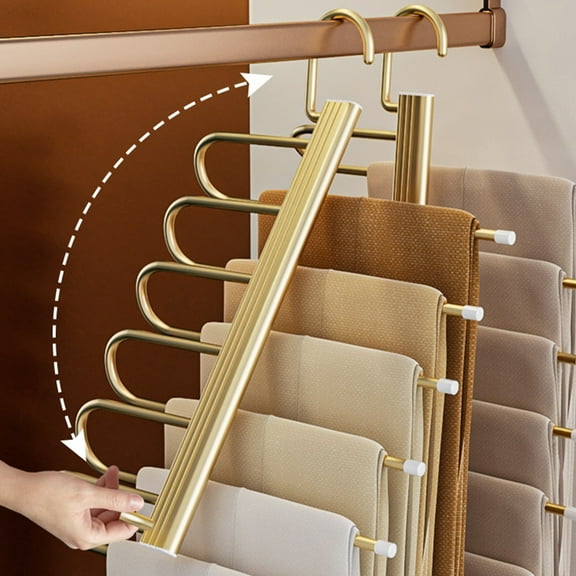 HOZVOMI Multi Functional Stainless Steel Folding Trouser Rack, Telescopic Folding Hanger, Horizontal/Vertical Hanging, Non-Slip Design, Space Saving, Gold (1Pcs)