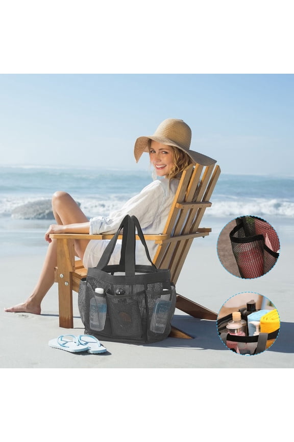 Sandproof Mesh Beach Bag Tote with 9 Pockets - Large Swim Pool Bag for Toys, Grocery Storage - Lightweight & Durable Polyester Net Bag, Easy to Fold & Carry