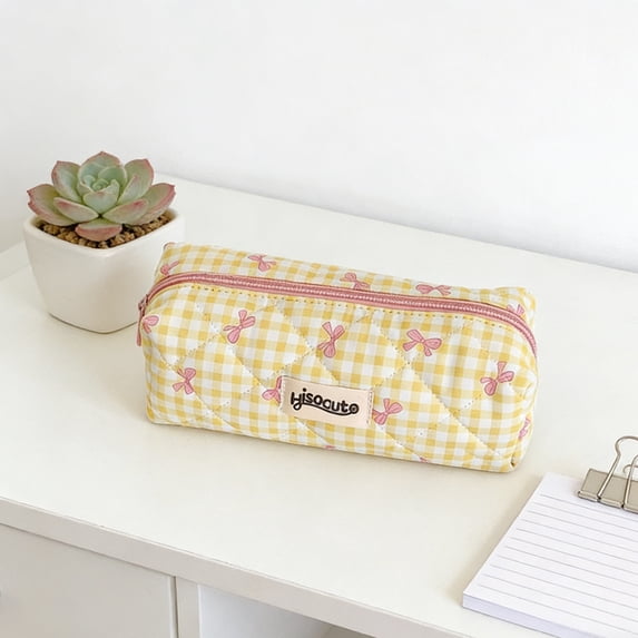 HOZVOMI Stylish Checkered Pencil Case with Bow Design Portable Stationery Organizer