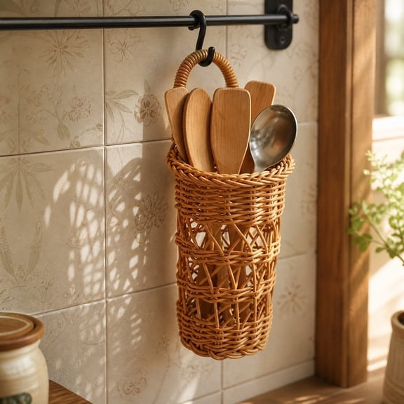 HOZVOMI Stylish Rattan Storage Basket for Kitchen and Dining Tableware, Versatile Decorative Organizer for Cutlery and Home Decor
