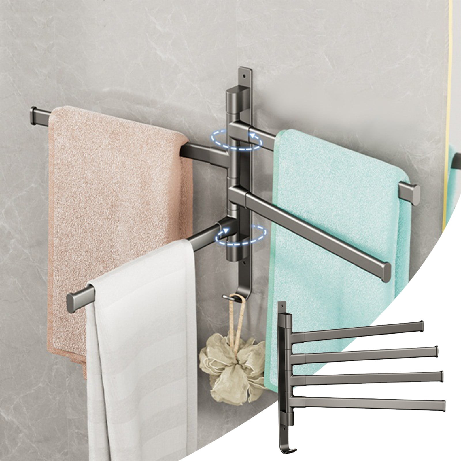 HOZVOMI Swivel Towel Rack - No Hole Installation, Aluminium Alloy 4-Rod Shelf with Integral Hook ...