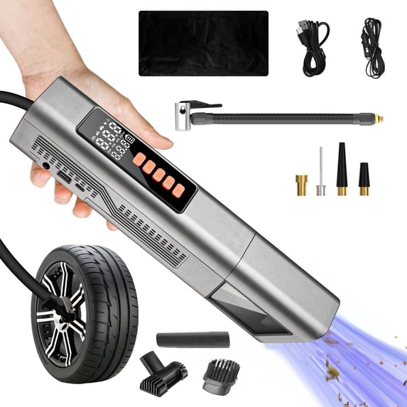 HOZVOMI Wireless Car Inflatable Pump with Digital Display, 150 PSI Electric Air Compressor, Portable Tire Inflator for Car/Bike/Ball with USB-C Charging & LED Light - Gray