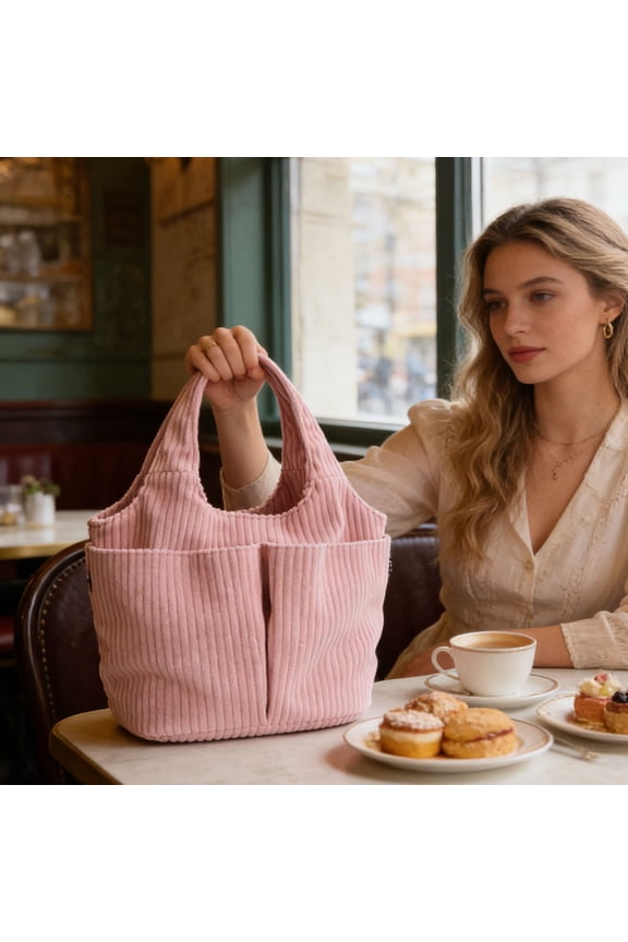 Women's Corduroy Tote Bag, Small Shoulder Handbag with Striped Design, Casual Furry Handheld Purse for Daily Shopping, Commute and Strolling