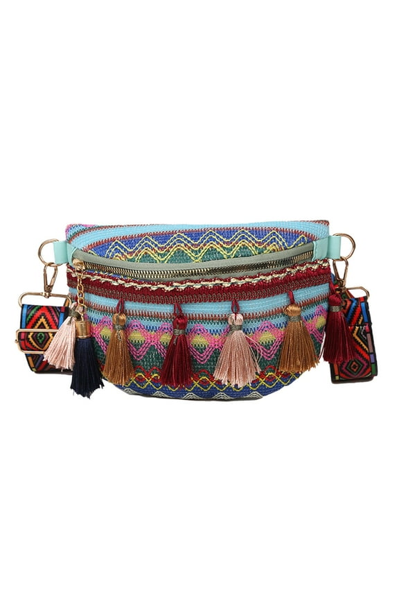 Women's Crossbody Fanny Pack with Adjustable Strap, Traditional Fringe Woven Waist Bag, Tribal Print Belt Bag for Traveling Casual Lightweight Chest Purse