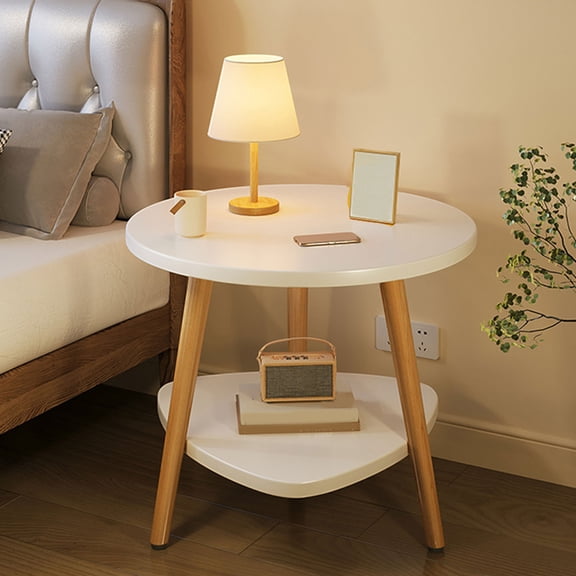 HOZVOMI Wood Side Table for Living Room, Bedroom, or Balcony - Mini Coffee Table with Double Layer Storage, Curved Desktop