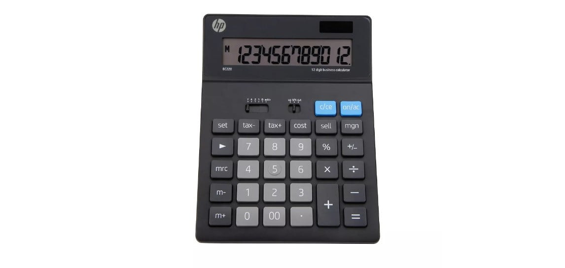 HP 12-digit Solar Powered Desktop Calculator - Plastic Keytop, Backspace Key, Decimal Point Selector Switch, Rounding Selector, Dual Power - 1 Line(s) - 12 Digits - LCD - Battery/Solar Powered