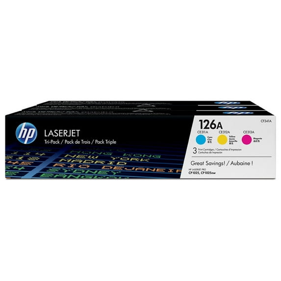 HP 126A 3-pack Cyan/Magenta/Yellow Original LaserJet Toner Cartridges, Per