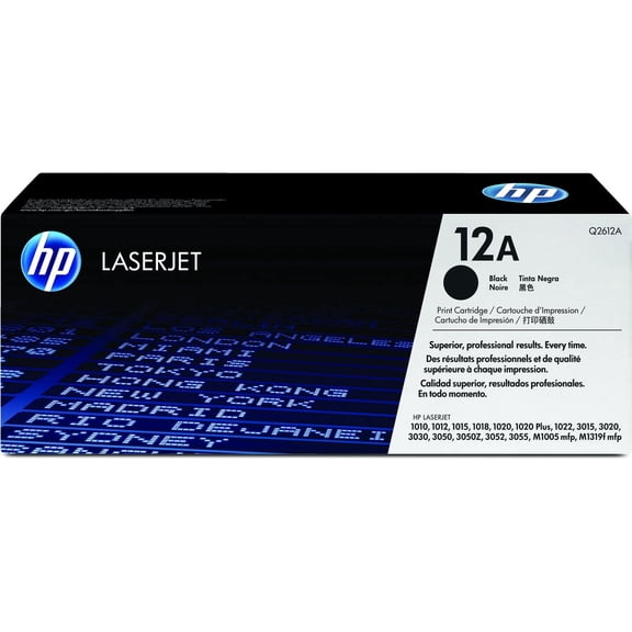 HP 12A Black Original LaserJet Toner Cartridge, ~2,000 pages, Q2612A. Sold without manufacturer warranty