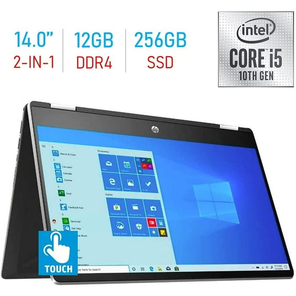 HP 14" 1366 x 768 "Touchscreen" 2-in-1 Laptop "Bundle", i5-1035G1, 12GB, 256GB SSD, Natural Silver
