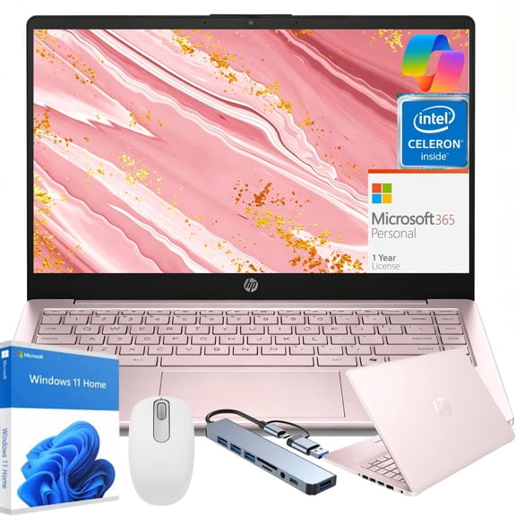 HP 14 AI Copilot Laptop, 4-Core Intel CPU, 4GB RAM, 128GB Storage, 1-Yr Office 365, Win 11S,Pink ,Gift Set