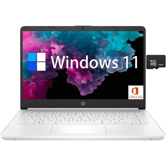 HP 14 Business Laptop, 14 Inch HD Display, Intel Celeron N4120, 4GB RAM, 128GB (64GB eMMC + 64GB SD Card), Windows 11, 1 Year Office 365, HDMI, Webcam, Snowflake White