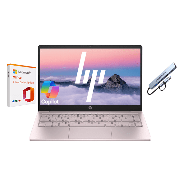 HP 14" Business Laptop Computer with 1-Year Office 365, Intel Quad-Core N150 Processor, 640GB Storage (128GB UFS+512GB Docking Set), 4GB RAM, Windows 11 Home, Tranquil Pink