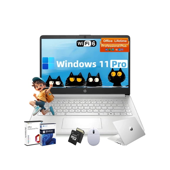 HP 14 Business Laptop Computer - Intel Processor N150, 14 inch HD Portable Laptop, Windows 11 Pro & MS Office Lifetime License, AI-Powered, 12 Hr Batter (8GB RAM | 128GB UFS | 256GB Extend Micro SD)