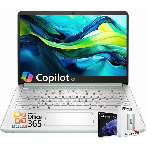 HP 14" Business Student Laptop, 14 Inch LED Screen, Intel N150(Beats N4120), WiFi 6, 128G Portable SSD, Copilot AI, Microsoft Office 365, Win 11 Pro, Green(16GB DDR4 RAM | 128GB UFS)