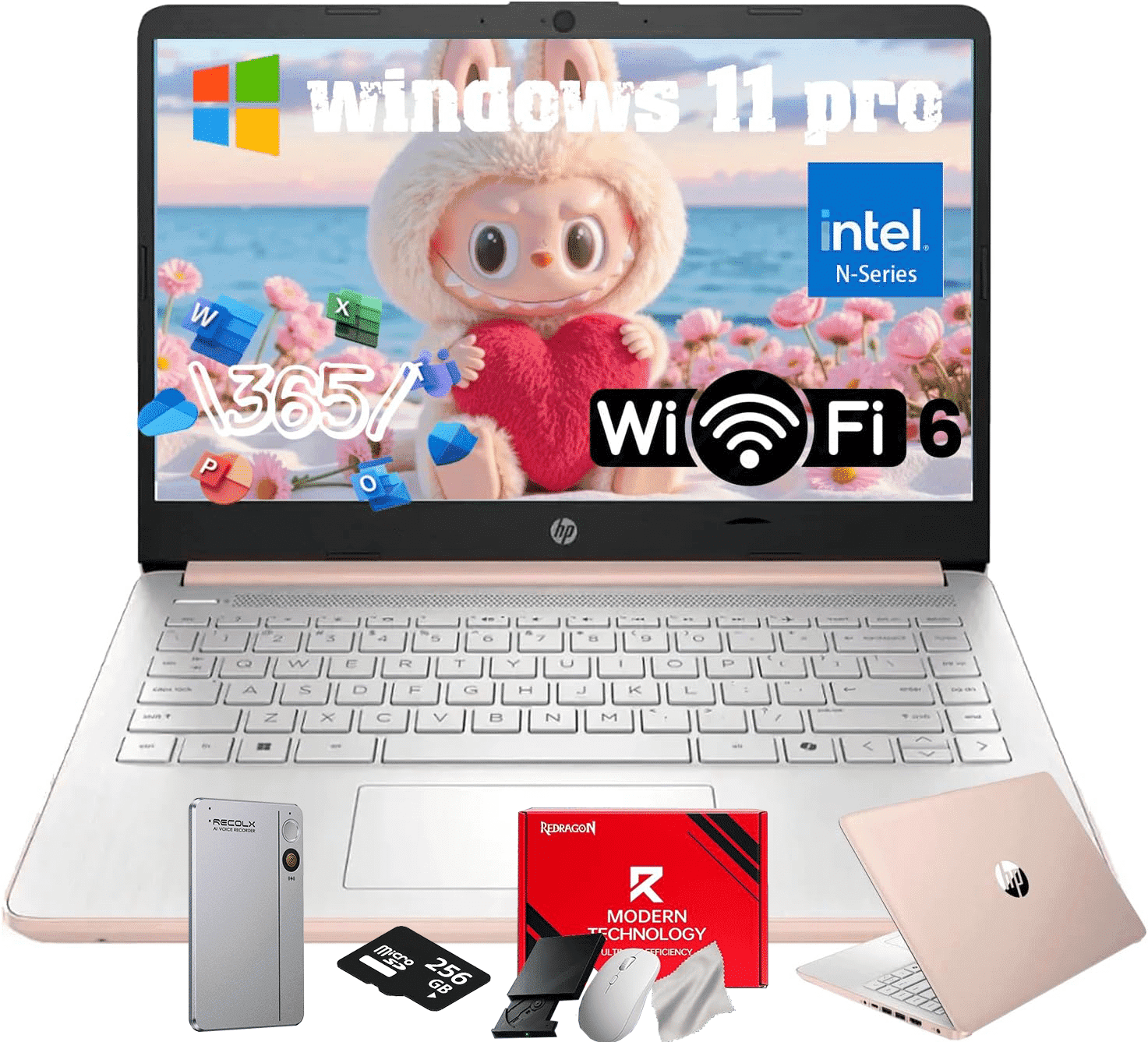 HP 14" Business & Student Portable Laptop, Intel N150 CPU, 16GB RAM, 128GB UFS+256GB MSD Storage, Wi-Fi 6, Copilot AI,Windows 11 Pro, 1-Year Microsoft Office 365, Rose Gold