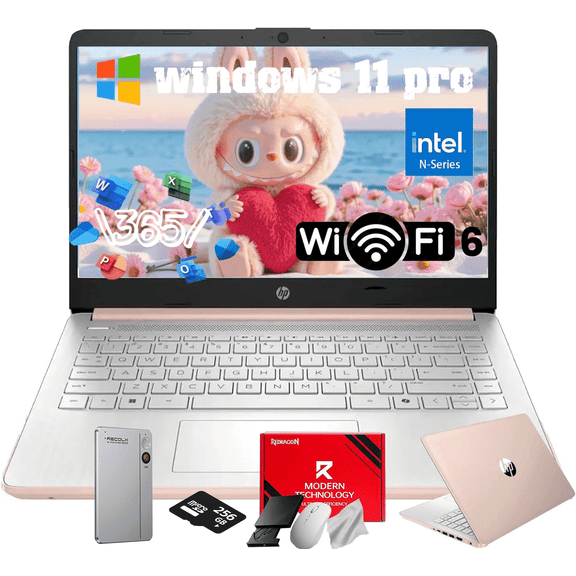 HP 14" Business & Student Portable Laptop, Intel N150 CPU, 16GB RAM, 128GB UFS+256GB MSD Storage, Wi-Fi 6, Copilot AI,Windows 11 Pro, 1-Year Microsoft Office 365, Rose Gold
