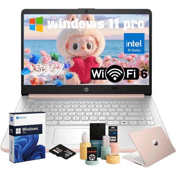 HP 14" Business & Student Portable Laptop, Intel N150 CPU, 8GB RAM, 128GB UFS+256GB MSD Storage, Wi-Fi 6, Copilot AI,Windows 11 Pro, 1-Year Microsoft Office 365, Rose Gold