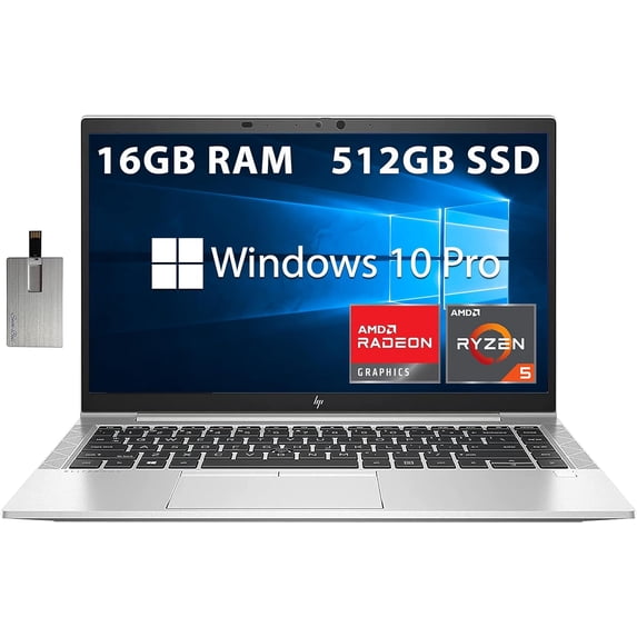 HP 14" EliteBook 845 G8 FHD Business Laptop, AMD Ryzen 5 PRO 5650U Processor, 16GB RAM, 512GB PCIe SSD, Backlit Keyboard, Fingerprint Reader, Win 10 Pro, Silver, 32GB Hotface USB Card