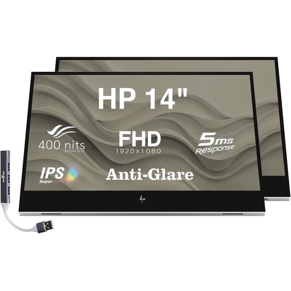 HP 14" FHD IPS Monitor with 5ms Response Time, Anti-Glare, Flicker Free, 400 nits Brightness, USB-C & Dockztorm USB Port Expander, Silver Color 2 Pack