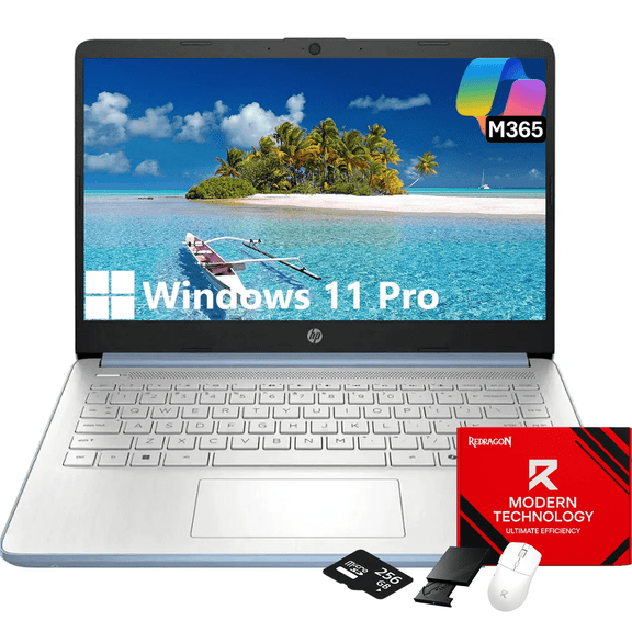 HP 14" Flagship Everyday Laptop Computer, 32G RAM, 128G UFS, 256G SD Card, Intel Quad-Core, Windows 11 Pro, AI-Powered, 1-Y Office 365, For Student & Business
