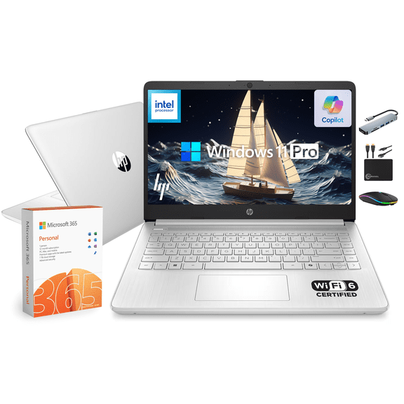 HP 14 Flagship Laptop for Business & Student, 2026-2027 Edition, Quad-Core Intel N150, 4GB DDR5 RAM, 1.6TB Storage (128GB SSD+500GB Ext+1TB Cloud), Copilot AI, WiFi 6, Windows 11 Pro, 1-Yr Office 365