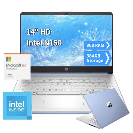 HP 14" HD Anti-Glare Laptop, Intel N150 4-Core, Fast Startup, Windows 11 S, Office 365 1-Year, 8GB RAM, 384GB Storage (128GB UFS + 256GB SD Card), Sky Blue