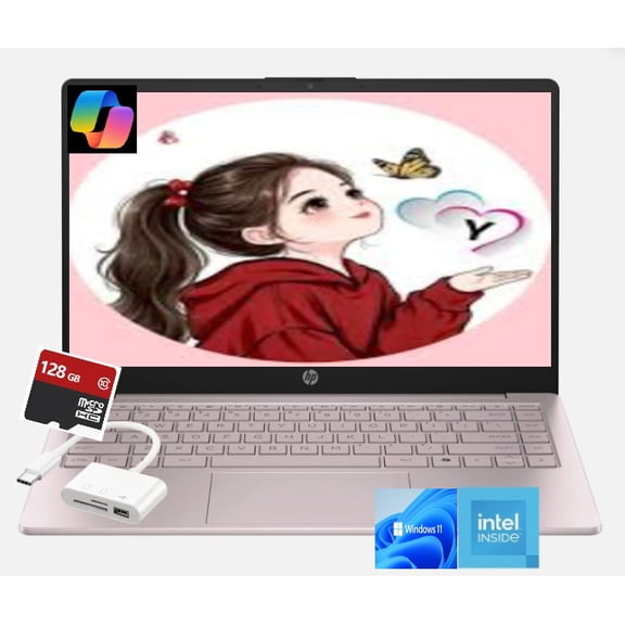 HP 14"HD, Back to School Laptop, Intel Processor N150, 8GB RAM, 128GB UFS Storage, 14-Inch HD Display, Intel Graphics, Wi-Fi 6, Long Battery Life, Windows 11 Home ,Pink/With USBHUB,128G SDCARD