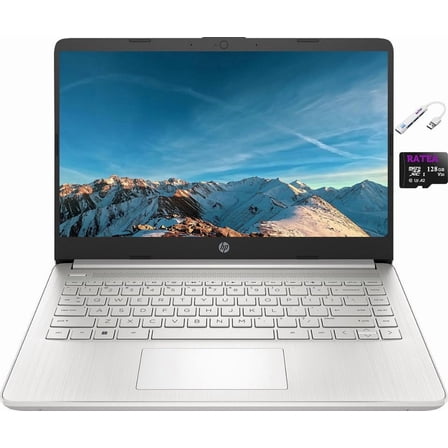 HP 14" HD BrightView Student Laptop, Intel N4120 Quad-Core, 4GB RAM, 128GB Storage(64GB eMMC+64GB SD Card), One Year Office 365, WiFi, Webcam, HDMI, USB-A&C, Win 11 S, USB 3.0 Hub, Natural Silver